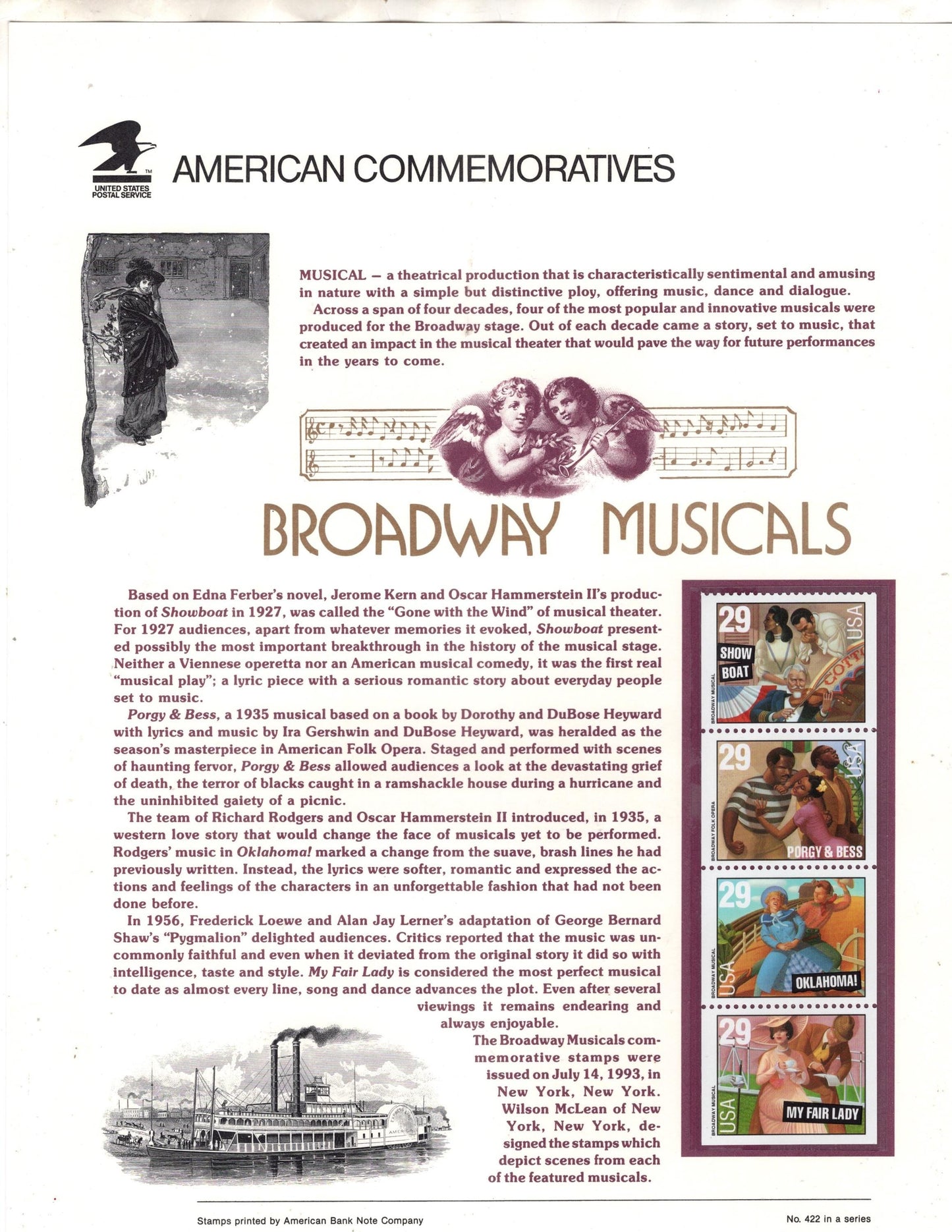 BROADWAY MUSICALS PORGY & Bess Oklahoma My Fair Lady Commemorative Panel w/Strip 4