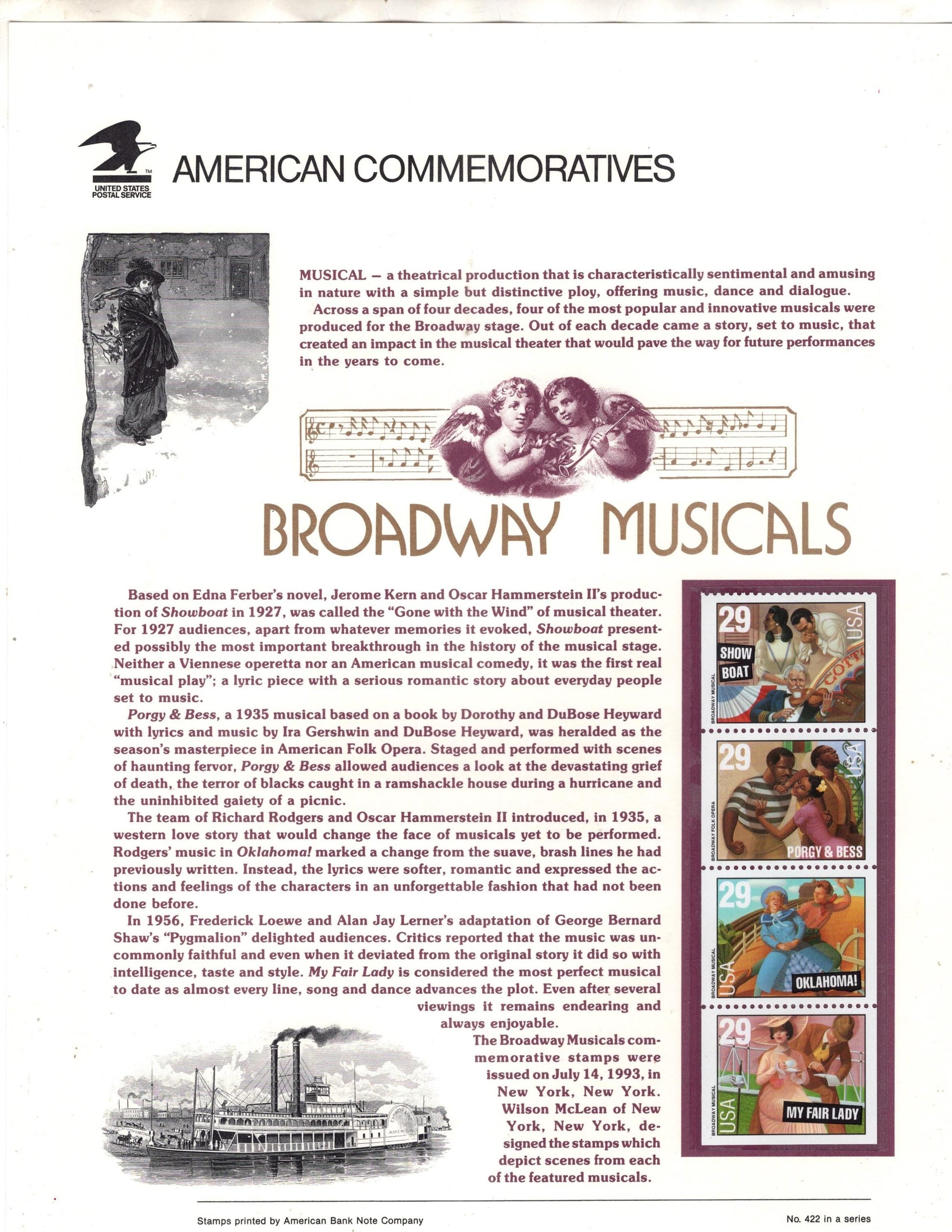 BROADWAY MUSICALS PORGY & Bess Oklahoma My Fair Lady Commemorative Panel w/Strip 4