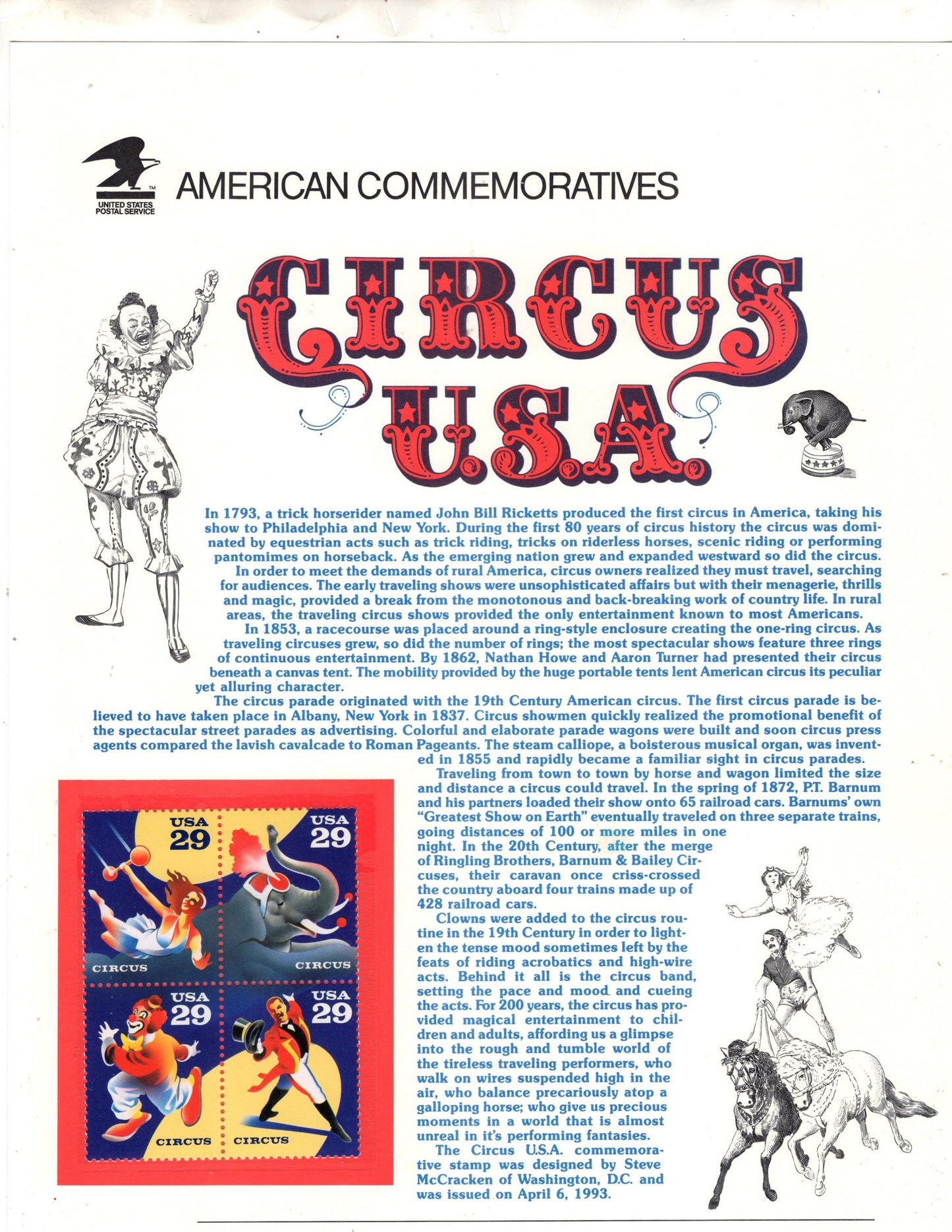 CIRCUS ELEPHANT TRAPEZE Clown Commemorative Panel w/Block of 4