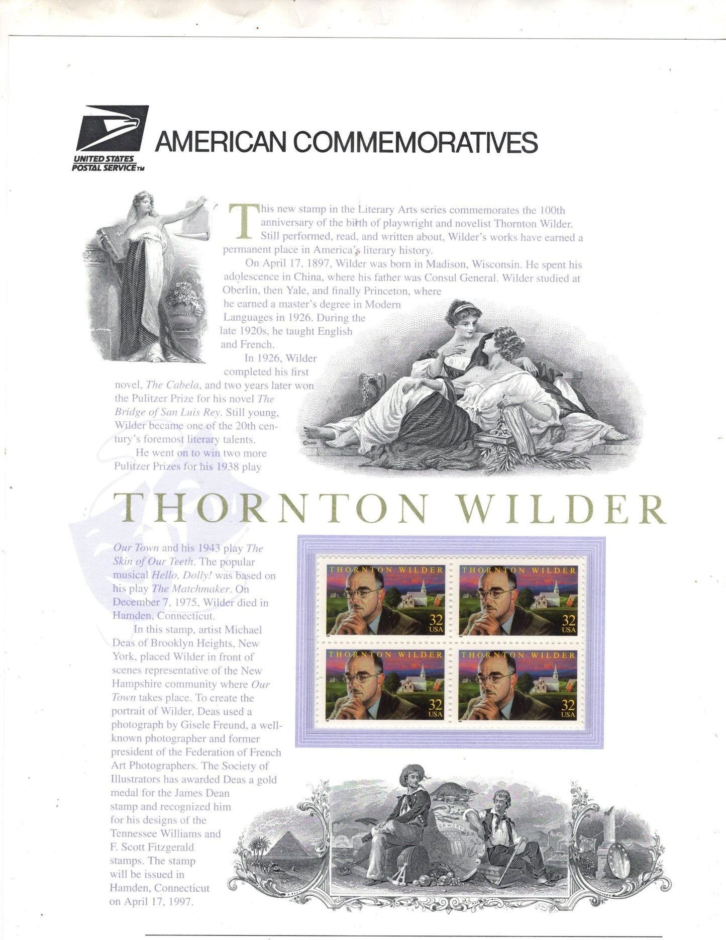 THORNTON WILDER LITERARY Arts - Our Town Bridge- Commemorative Panel w/ Block of 4