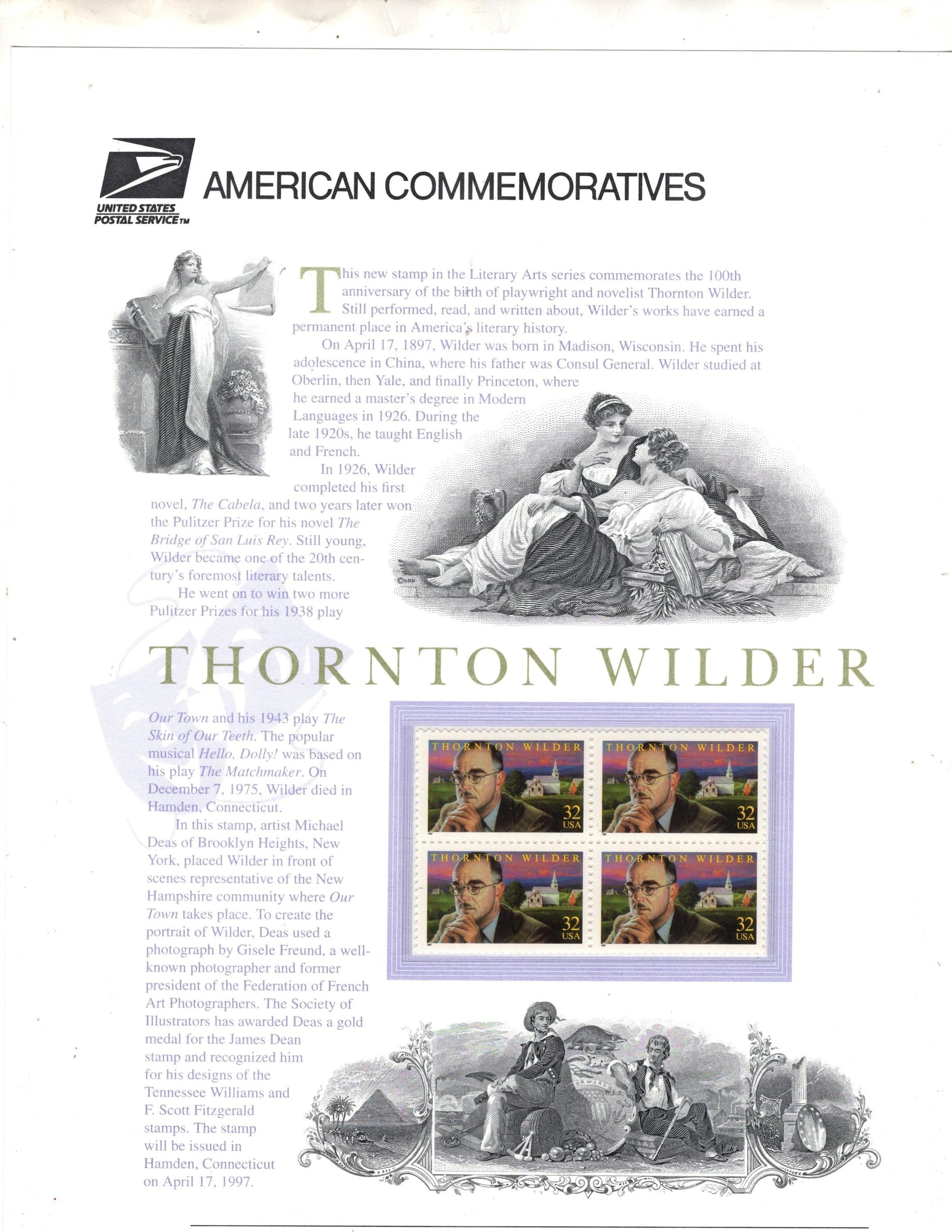 THORNTON WILDER LITERARY Arts - Our Town Bridge- Commemorative Panel w/ Block of 4