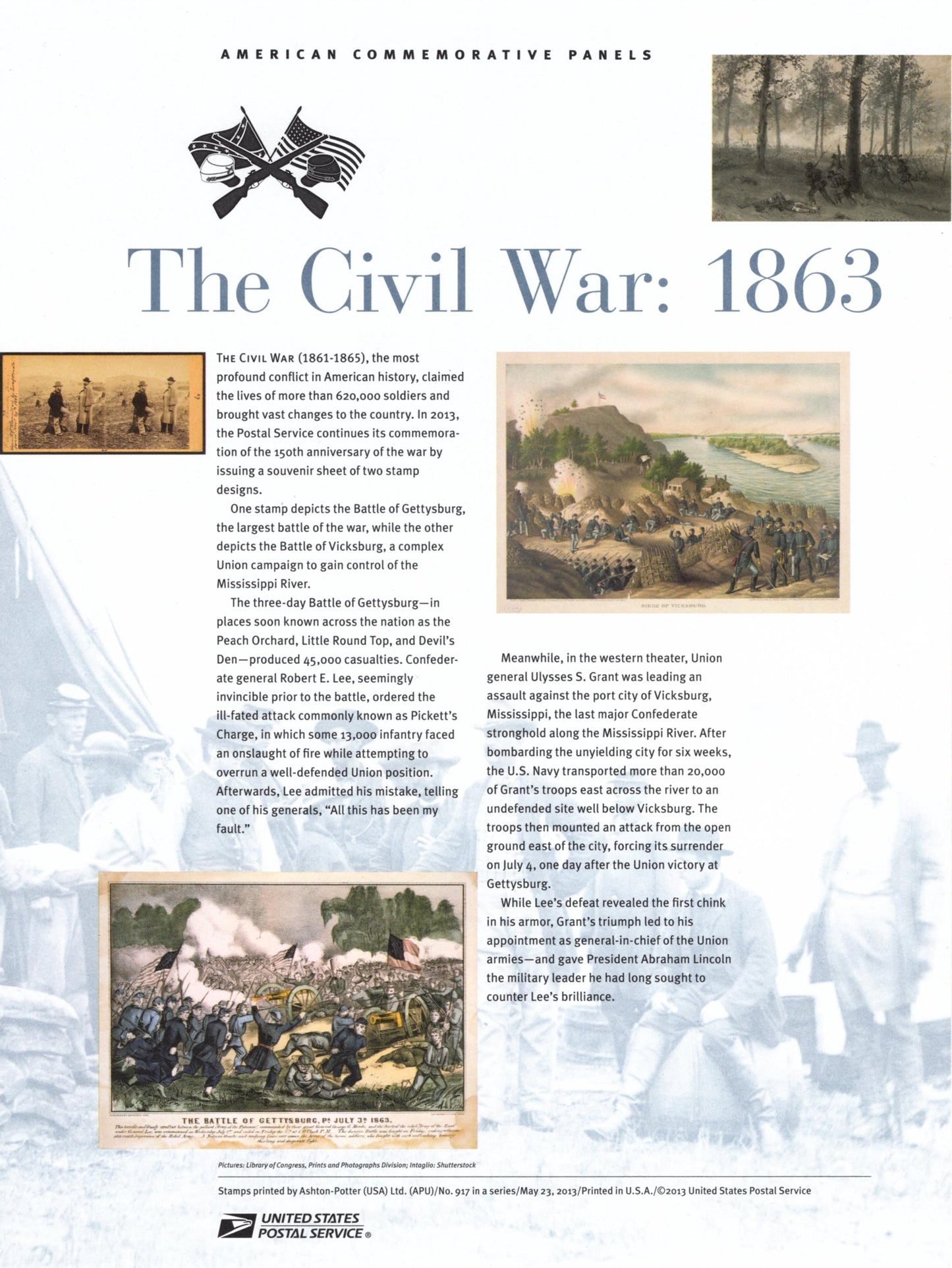 CIVIL WAR 1863 BATTLES of Gettysburg, Vicksburg Commemorative Panel w/Sheet of 12