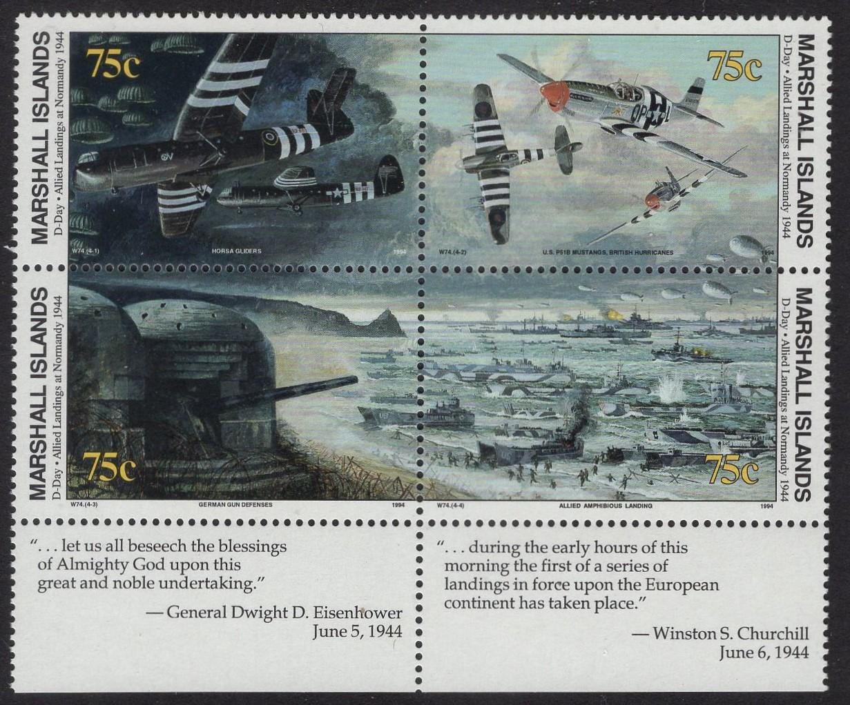 WORLD WAR II WW2 History D-Day Normandy 1944 Block of 4 with Descriptive Tab - Marshall Islands